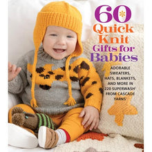 Load image into Gallery viewer, Book cover featuring a baby wearing a knitted outfit with a tiger design, titled '60 Quick Knit Gifts for Babies'.
